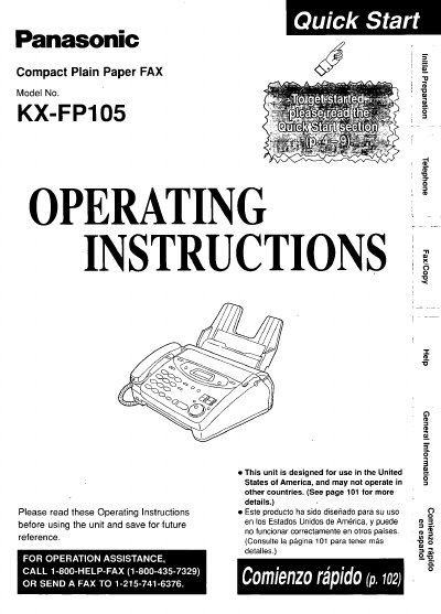 Panasonic KX-FP105 Compact Plain Paper FAX Operating Instructions - cover page