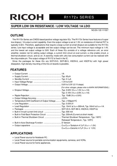 Ricoh R1172x Series Super Low On Resistance Low Voltage 1A LDO Datasheet - cover page