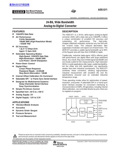 Texas Instruments ADS1271 24-Bit Analog-to-Digital Converter Datasheet