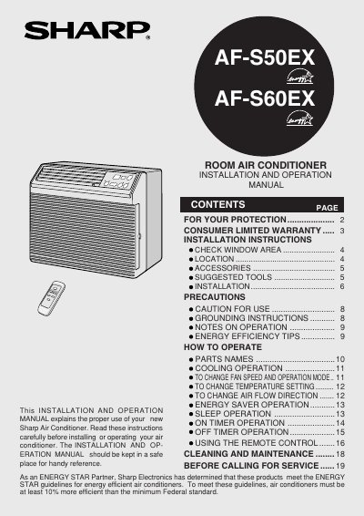 Sharp AF-S50EX AF-S60EX Room Air Conditioner Installation and Operation Manual - cover page