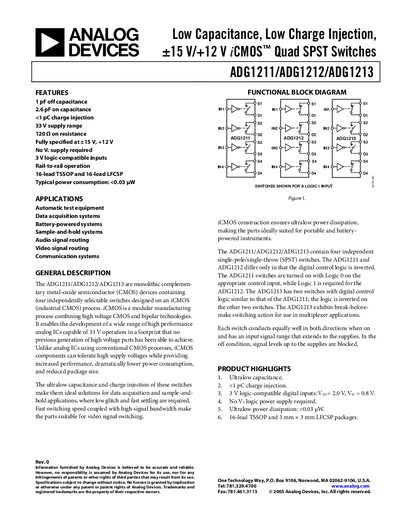 Analog Devices ADG1211/ADG1212/ADG1213 Quad SPST Switches Datasheet - cover page
