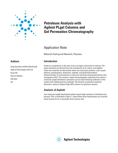 Agilent PLgel Columns Gel Permeation Chromatography Application Note - cover page