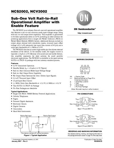 ON Semiconductor NCS2002/NCV2002 Sub-One Volt Rail-to-Rail Operational Amplifier Datasheet - cover page