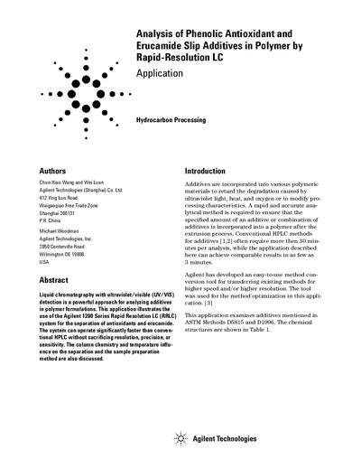 Agilent 1200 Series RRLC Analysis of Phenolic Antioxidant and Erucamide Slip Additives in Polymer - cover page