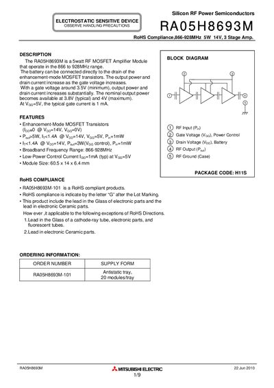 Mitsubishi Electric RA05H8693M RF Power Amplifier Module Datasheet - cover page