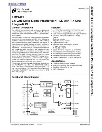 National Semiconductor LMX2471 3.6 GHz Delta-Sigma Fractional-N PLL Datasheet - cover page