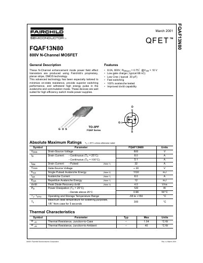 Fairchild FQAF13N80 800V N-Channel MOSFET Datasheet