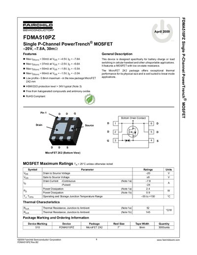 Fairchild FDMA510PZ Single P-Channel MOSFET Datasheet - cover page