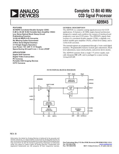 Analog Devices AD9945 12‑Bit 40 MHz CCD Signal Processor Datasheet