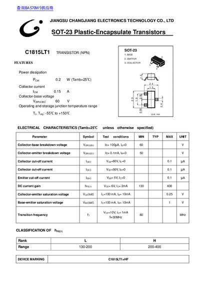 Jiangsu Changjiang Electronics Technology C1815LT1 Transistor Datasheet - cover page