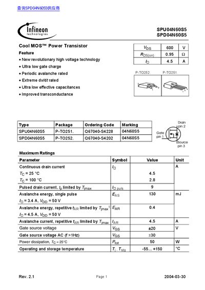Infineon SPU04N60S5/SPD04N60S5 Cool MOS Power Transistor Datasheet - cover page