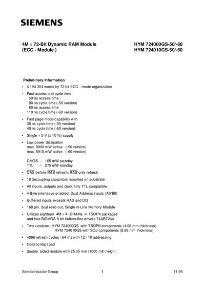 Siemens HYM 724000GS-50/-60 4M x 72-Bit Dynamic RAM Module Data Sheet - cover page