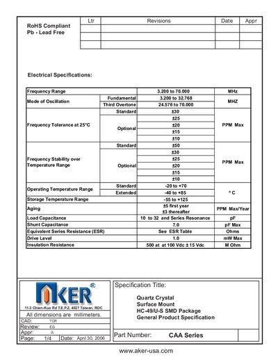 AKER CAA Series Quartz Crystal Specification - cover page