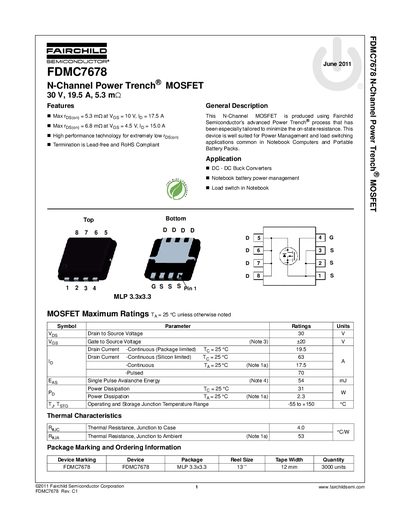 Fairchild FDMC7678 N-Channel Power Trench MOSFET Datasheet - cover page