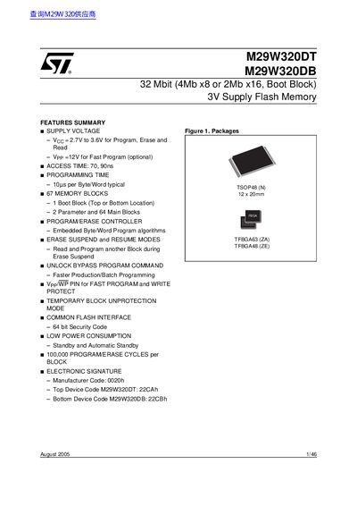 STMicroelectronics M29W320DT/M29W320DB Flash Memory Datasheet - cover page