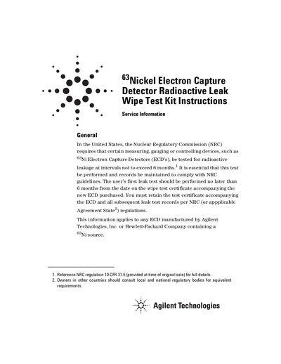 Agilent 63Ni Electron Capture Detector Radioactive Leak Wipe Test Kit Instructions - cover page