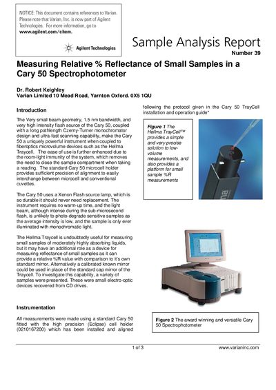 Agilent Cary 50 Spectrophotometer Application Note: Measuring Relative % Reflectance of Small Samples - cover page