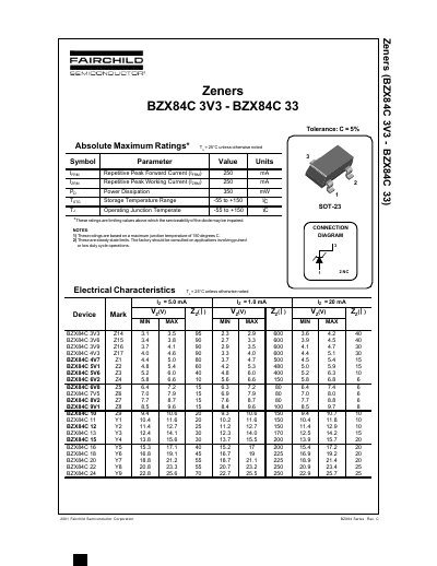Fairchild Semiconductor BZX84C 3V3 - BZX84C 33 Zener Diode Datasheet