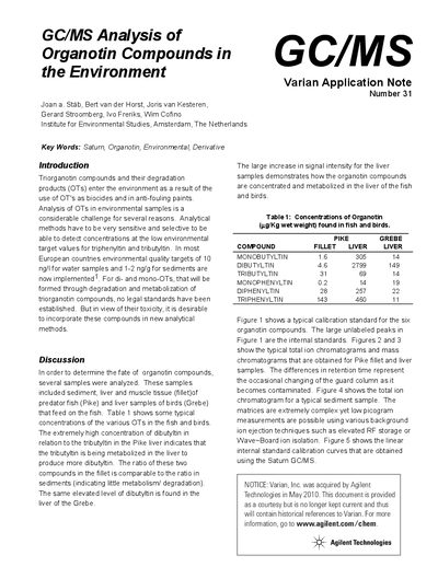Varian Application Note 31: GC/MS Analysis of Organotin Compounds - cover page