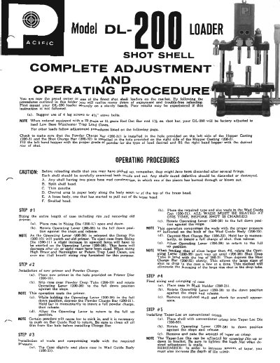 Pacific DL-200 Shotshell Reloader Operating Procedure - cover page