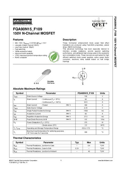 Fairchild FQA90N15_F109 N-Channel MOSFET Datasheet