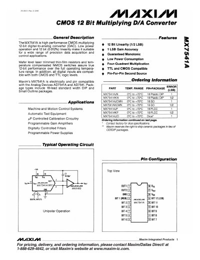 Maxim MX7541A 12‑Bit Multiplying DAC Datasheet - cover page