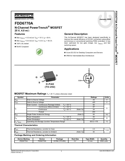 Fairchild Semiconductor FDD6770A N-Channel PowerTrench MOSFET Datasheet - cover page