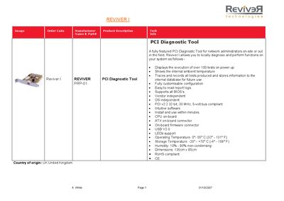 Reviver PRP-01 PCI Diagnostic Tool Product Leaflet - cover page