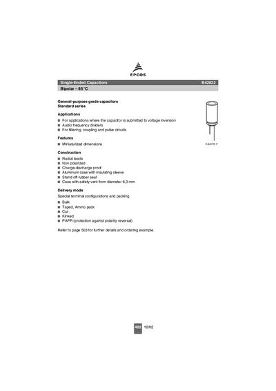 EPCOS B42822 Bipolar Capacitor Datasheet - cover page