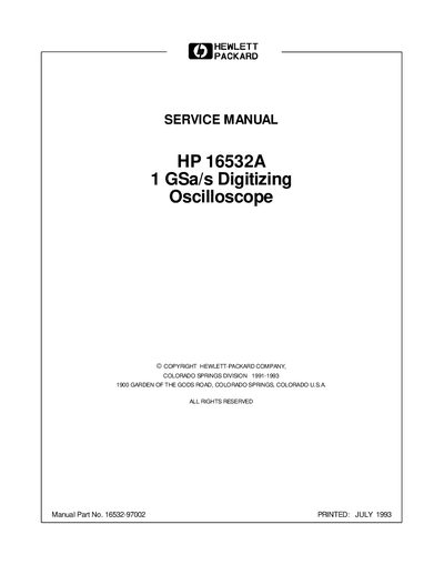 HP 16532A 1 GSa/s Digitizing Oscilloscope Service Manual - cover page