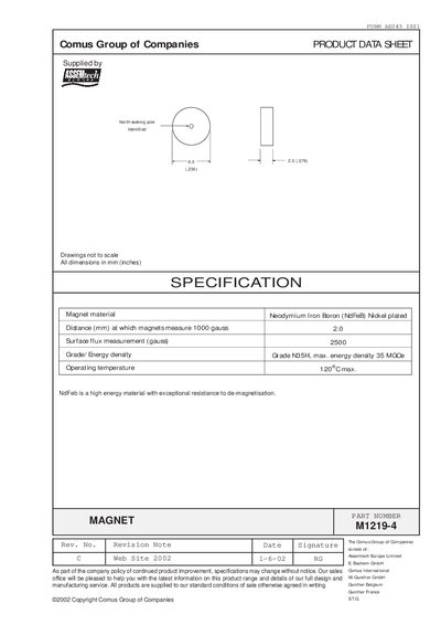 Comus M1219-4 Neodymium Magnet Product Data Sheet - cover page