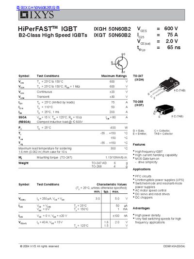 IXYS HiPerFAST IGBT IXGH 50N60B2/IXGT 50N60B2 Datasheet - cover page