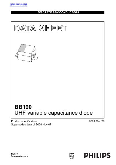 Philips BB190 UHF Variable Capacitance Diode Data Sheet - cover page