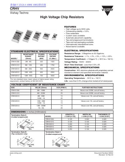 Vishay 4CRHV High Voltage Chip Resistors Datasheet - cover page