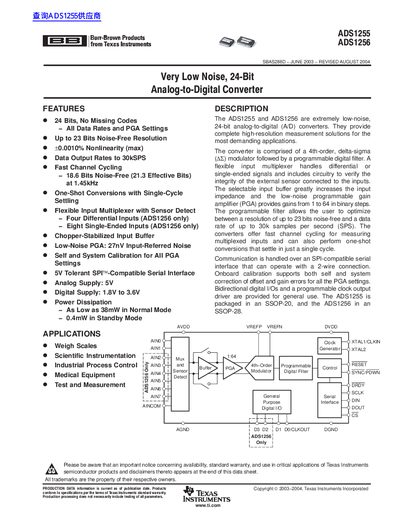 Texas Instruments ADS1255/ADS1256 Analog-to-Digital Converter Datasheet - cover page