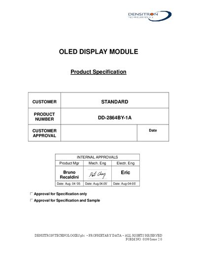 Densitron DD-2864BY-1A OLED Display Module Product Specification - cover page