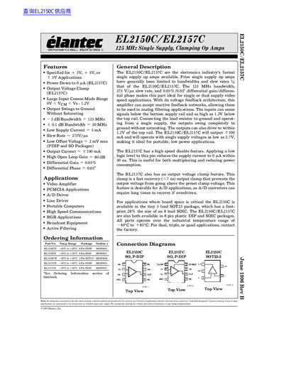 Elantec EL2150C/EL2157C 125 MHz Single Supply Clamping Op Amps Datasheet - cover page