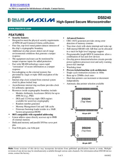 Maxim DS5240 Security Microcontroller Datasheet - cover page