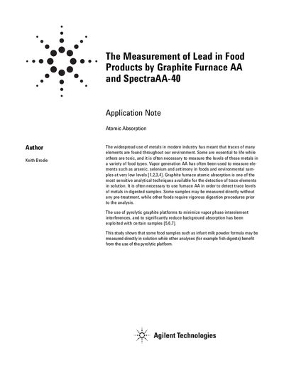 The Measurement of Lead in Food Products by Graphite Furnace AA SpectraAA-40 Application Note