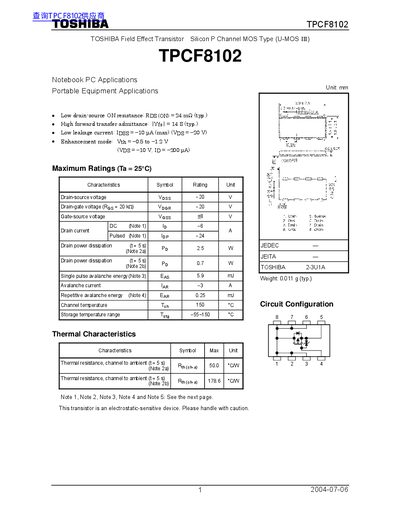 Toshiba TPCF8102 P-Channel MOSFET Datasheet - cover page