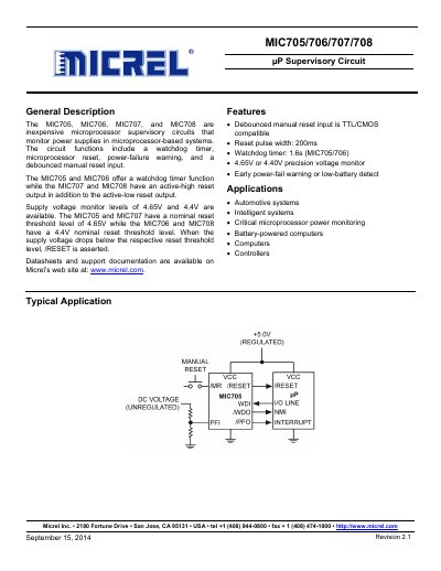 Micrel MIC705/706/707/708 Supervisory Circuit Datasheet - cover page
