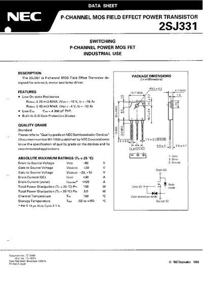 NEC 2SJ331 P-Channel MOS Field Effect Power Transistor Datasheet - cover page