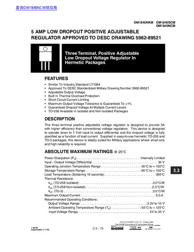 omnirel OM1840SCM OM1840NCM OM1840NKM 5 AMP LOW DROPOUT POSITIVE ADJUSTABLE REGULATOR APPROVED TO DESC DRAWING 5962-89521 - cover page