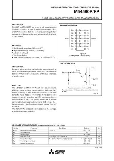 Mitsubishi M54580P/FP Darlington Transistor Array Datasheet - cover page