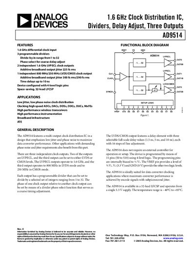 Analog Devices AD9514 Clock Distribution IC Datasheet