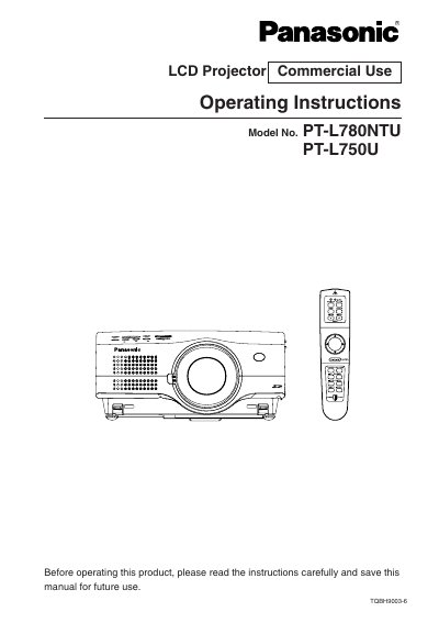 Panasonic PT-L780NTU/PT-L750U LCD Projector Operating Instructions - cover page