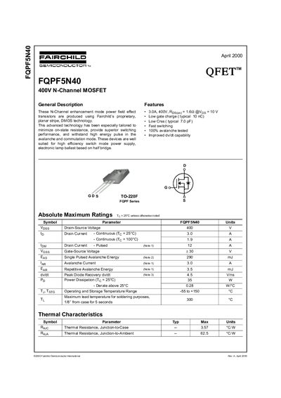 Fairchild FQPF5N40 N-Channel MOSFET Datasheet - cover page