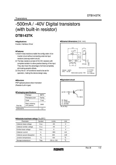 ROHM DTB143TK Digital Transistor Datasheet - cover page
