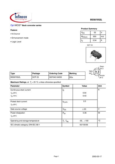 Infineon BSS670S2L Datasheet - cover page