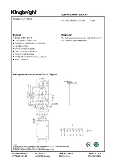 Kingbright ACSC08-51CGKWA Surface Mount Display Datasheet - cover page